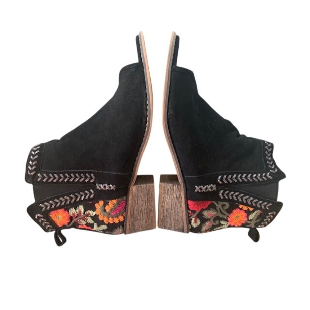 Black Suede Floral Embroidered Ankle Boots Women's 8.5 Boho Western Open Toe